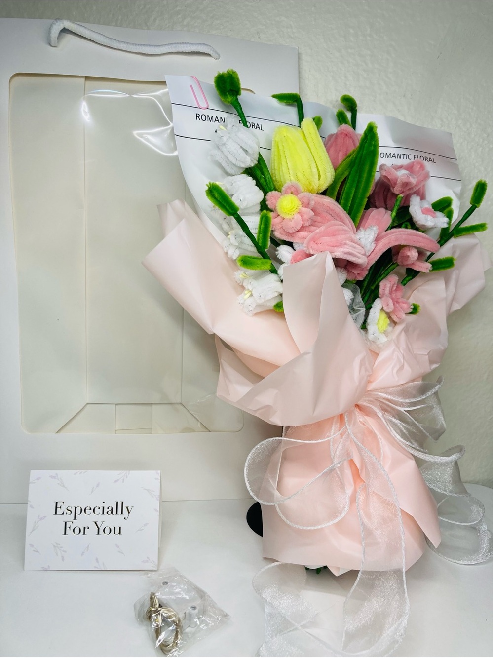 NEW Handcrafted Pink‎ & Yellow Faux Floral Bouquet Gift Set +bag +card +lights